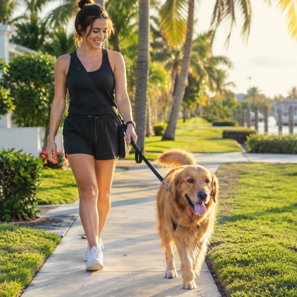 A trusted SFL Sitters pet sitter walking a happy golden retriever on a sunny South Florida sidewalk