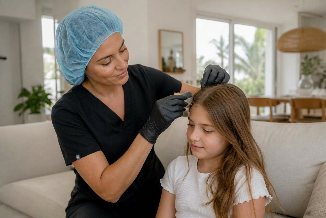 A trained SF Sitters lice removal technician gently treating a child in a bright South Florida home